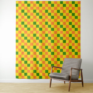 Orange Gelb Grün Kariertes Musterdesign Wandteppich
