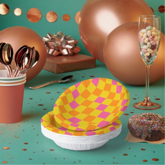 Orange Gelb Pink Kariertes Musterdesign  Pappteller (Multi)