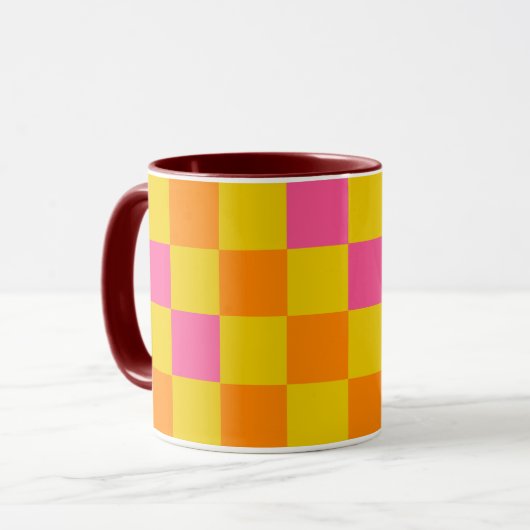 Orange Gelb Pink Kariertes Musterdesign Tasse (Vorderseite Links)