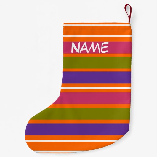 Orange, Gelb, Rot, Grün und Lila Streifen Chri Kleiner Weihnachtsstrumpf (Rückseite)