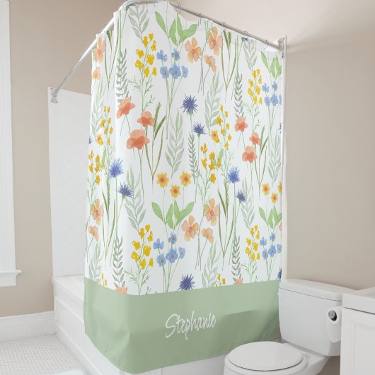 Orange Gelbe Blaue Wasserfarben-Wildblumen-Monogra Duschvorhang