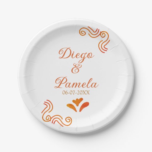 orange gelbe rustikale spanische Hochzeitspaar Nam Pappteller (Vorderseite)