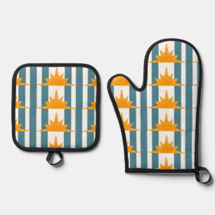 Orange Gelbe Sonnen Teal Streifen Ofenhandschuh & Topflappen-Set
