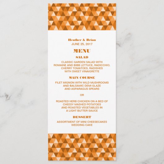 Orange Geometric Triangle Wedding Menu Menükarte (Vorderseite)