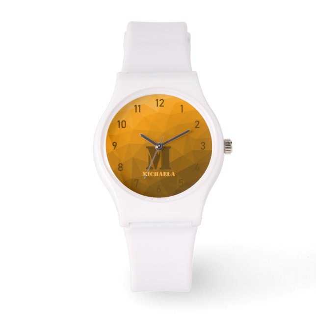 Orange geometrische Maschenmuster Monogram Armbanduhr (Vorderseite)