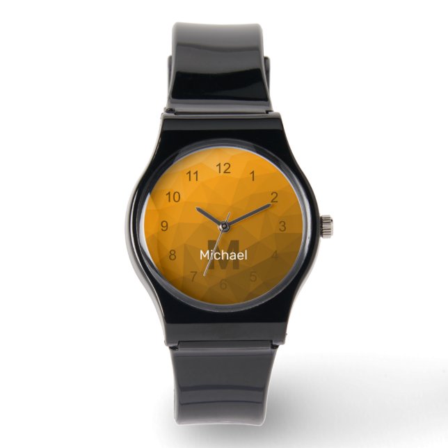 Orange geometrische Maschenmuster Monogram Armbanduhr (Vorderseite)