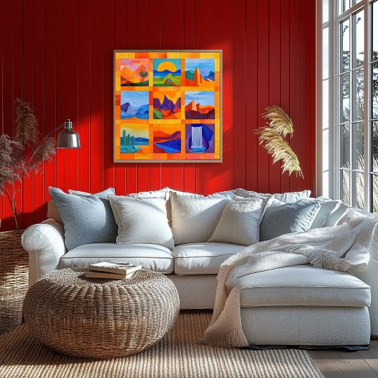 Orange Gerahmt Desert Art Grid - farbenfroh geomet Poster