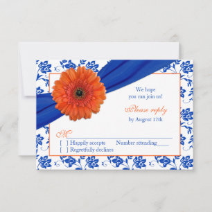 Orange Gerber Cobalt Damask Floral Wedding RSVP Karte
