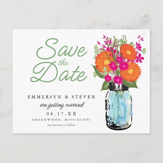 Orange Gerber Daisies Mason Jar Save the Date Ankündigungspostkarte (Vorderseite)