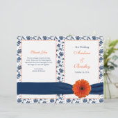 Orange Gerber Daisy Navy Damask Wedding Program (Stehend Vorderseite)