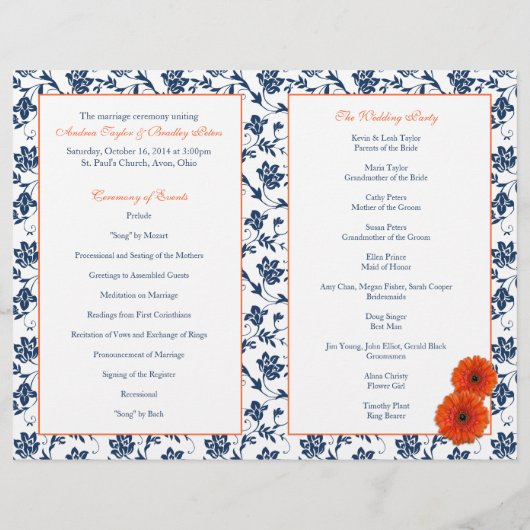 Orange Gerber Daisy Navy Damask Wedding Program (Rückseite)