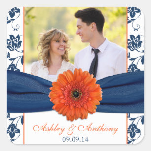 Orange Gerber Daisy Navy Damask Wedding Stickers