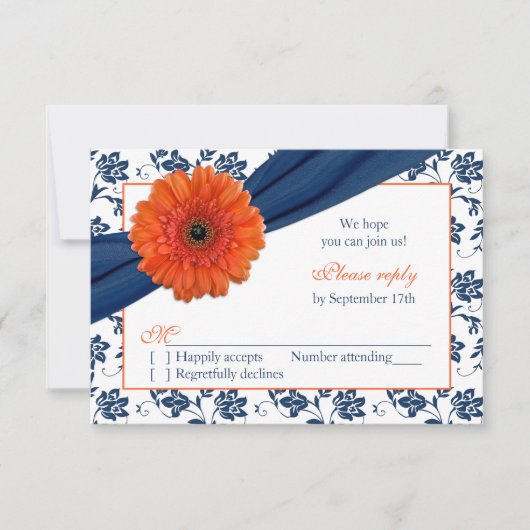 Orange Gerber Navy Blue Damask Floral Wedding RSVP (Vorderseite)