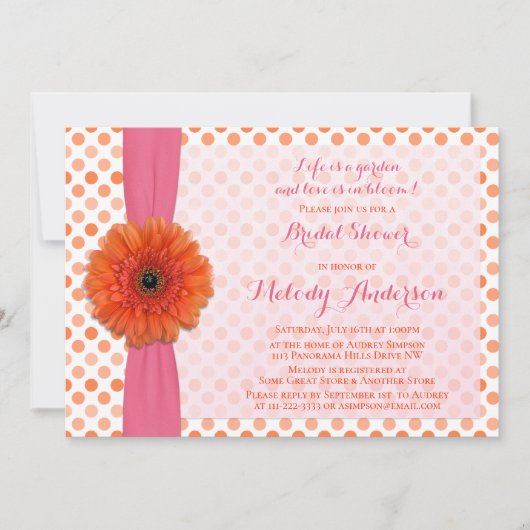 Orange Gerber Polka Dot Bridal Dusche Einladung (Vorderseite)