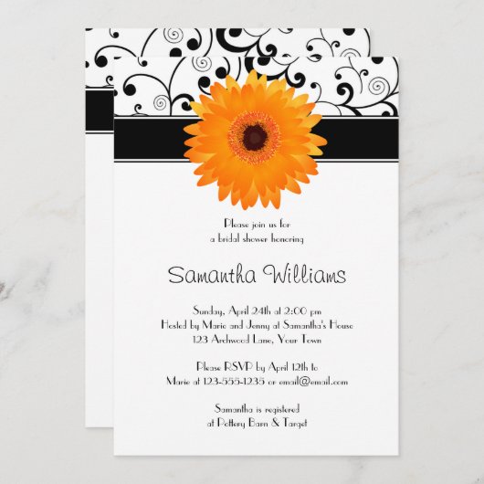 Orange Gerbera Daisy Black Scroll Brautparty Einladung (Vorne/Hinten)