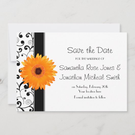 Orange Gerbera Daisy Black Scroll Save the Date (Vorderseite)