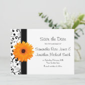 Orange Gerbera Daisy Black Scroll Save the Date (Stehend Vorderseite)
