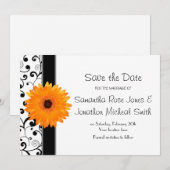 Orange Gerbera Daisy Black Scroll Save the Date (Vorne/Hinten)