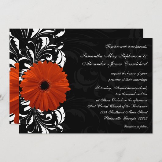 Orange Gerbera Daisy mit Schwarz-Weiß-Rollen Einladung (Vorne/Hinten)