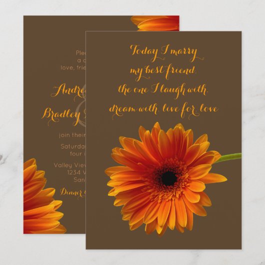 Orange Gerbera Daisy Wedding Invitation - Brown Einladung (Vorne/Hinten)