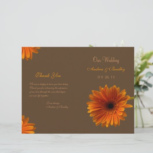 Orange Gerbera Daisy Wedding Program (Stehend Vorderseite)