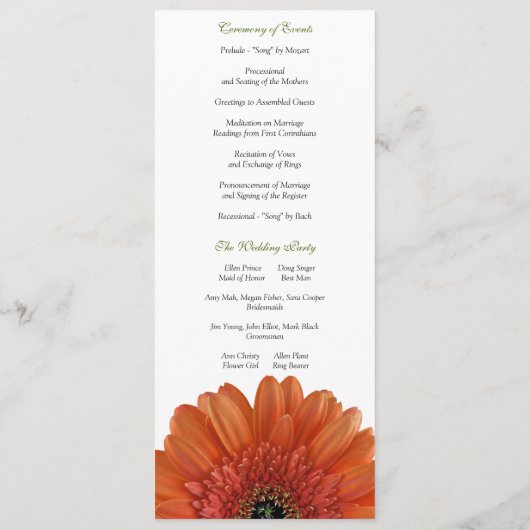 Orange Gerbera Daisy Wedding Program Programm (Rückseite)