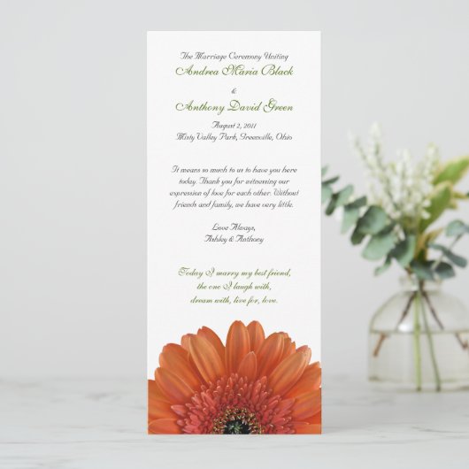 Orange Gerbera Daisy Wedding Program Programm (Stehend Vorderseite)