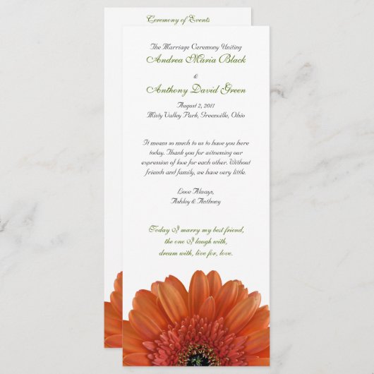 Orange Gerbera Daisy Wedding Program Programm (Vorne/Hinten)