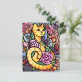 Orange getigerte Katze Blumengarten Postkarte (Stehend Vorderseite)