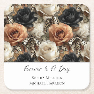 Orange Gewürz Gold Schwarz Floral Leopard Hochzeit Rechteckiger Pappuntersetzer