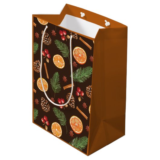 Orange Gewürz Rustikaler Winter Botanisch Mittlere Geschenktüte (Rückseite Schrägansicht)