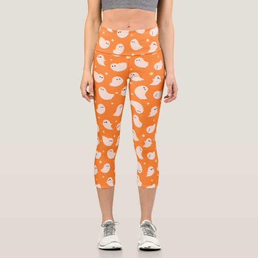 Orange Ghost Doodle Muster Capri Leggings (Vorderseite)
