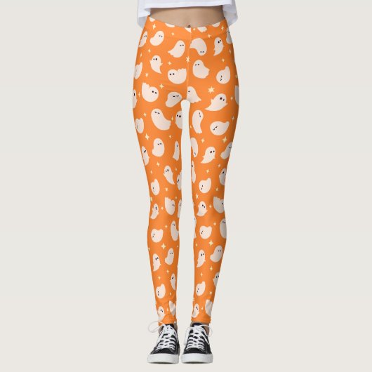 Orange Ghost Doodle Muster Leggings (Vorderseite)