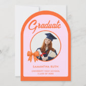 Orange Gingham-Bogen-Foto-Abschlussfeier Einladung (Vorderseite)