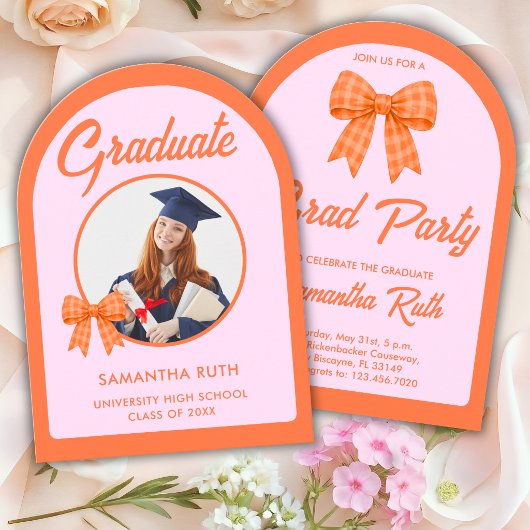Orange Gingham-Bogen-Foto-Abschlussfeier Einladung