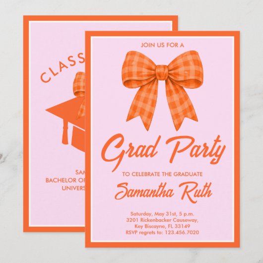 Orange Gingham Bow Graduation Party Einladung (Vorne/Hinten)
