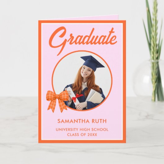 Orange Gingham Bow Photo Graduation  Karte (Vorderseite)