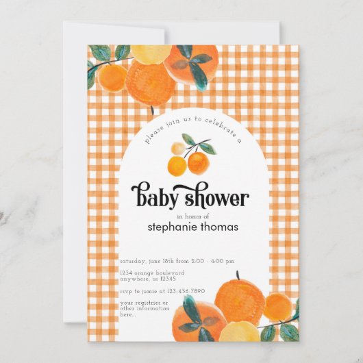 Orange Gingham Citrus Baby Shower Einladung (Vorderseite)