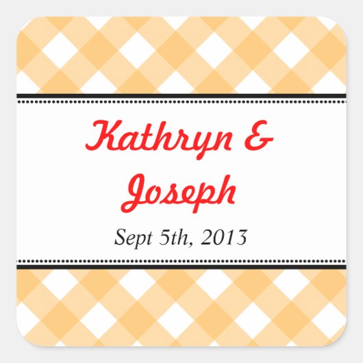 Orange Gingham Country picknick rustikale Gastgesc Quadratischer Aufkleber (Vorderseite)