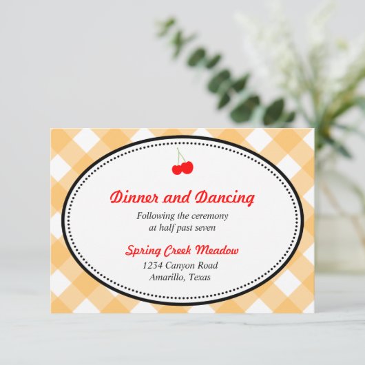 Orange Gingham Country rustikal Empfang Umzäunung Einladung (Stehend Vorderseite)