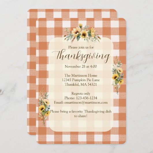 Orange Gingham Fall Sonnenblumen Blumen Erntedank Einladung (Vorne/Hinten)