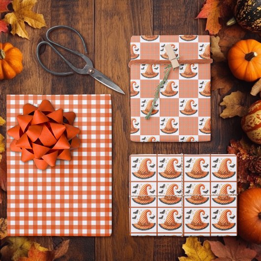 Orange Gingham Halloween Hexenhut & Fledermäuse Geschenkpapier Set