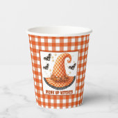 Orange Gingham Halloween Hexenhut & Fledermäuse Pappbecher (Rückseite)