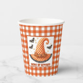 Orange Gingham Halloween Hexenhut & Fledermäuse Pappbecher (Vorderseite)