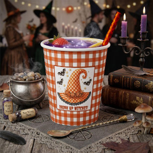 Orange Gingham Halloween Hexenhut & Fledermäuse Pappbecher