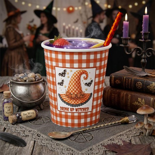 Orange Gingham Halloween Hexenhut & Fledermäuse Pappbecher