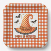 Orange Gingham Halloween Hexenhut & Fledermäuse Pappteller (Vorderseite)