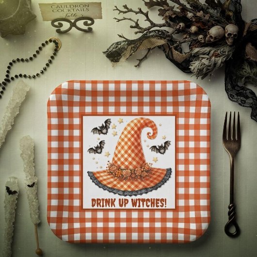 Orange Gingham Halloween Hexenhut & Fledermäuse Pappteller