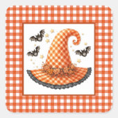 Orange Gingham Halloween Hexenhut & Fledermäuse Quadratischer Aufkleber (Vorderseite)