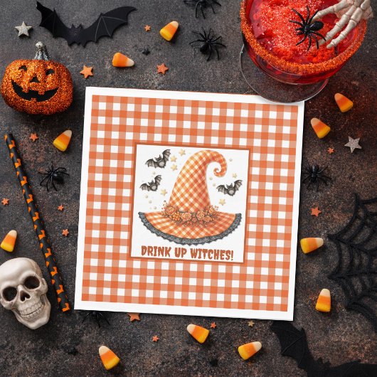 Orange Gingham Halloween Hexenhut & Fledermäuse Serviette
